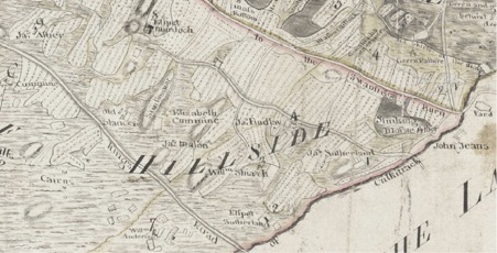 Detail from: National Records of Scotland, RHP21: Plan of the moss and lands of Mosstowie, Hillside and the Greens in the parish of Elgin, Feb 1766.