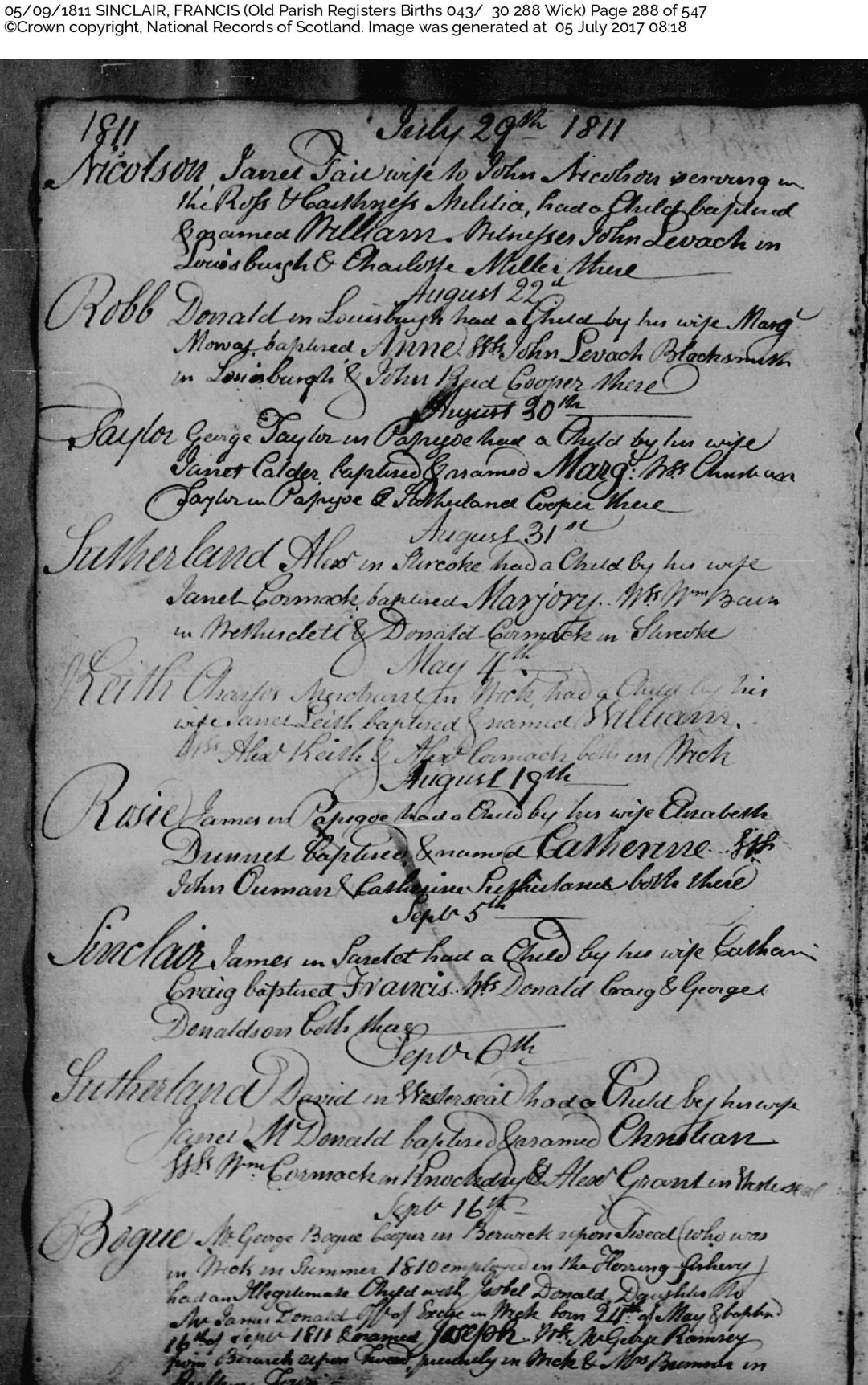 Francis Sinclair birth OPR 1811