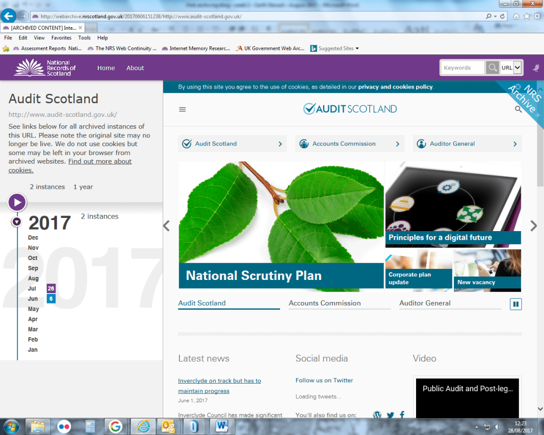 View of the Audit Scotland websites, as captured by NRS on 6th June 2017. Note the page banner and rewritten URL to show users they are in the web archive.