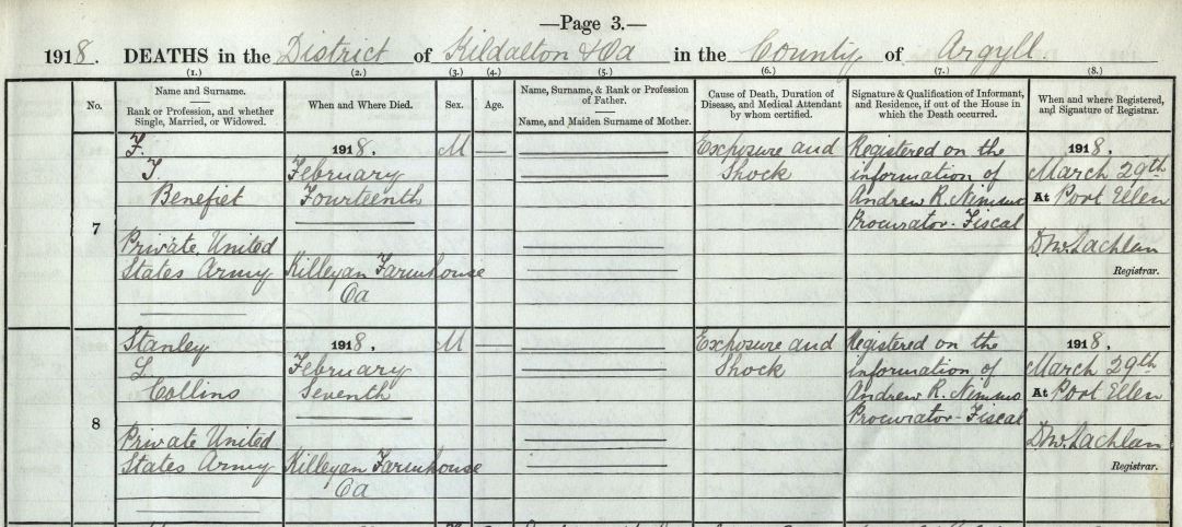 American soldier death entries Benefiet and Collins