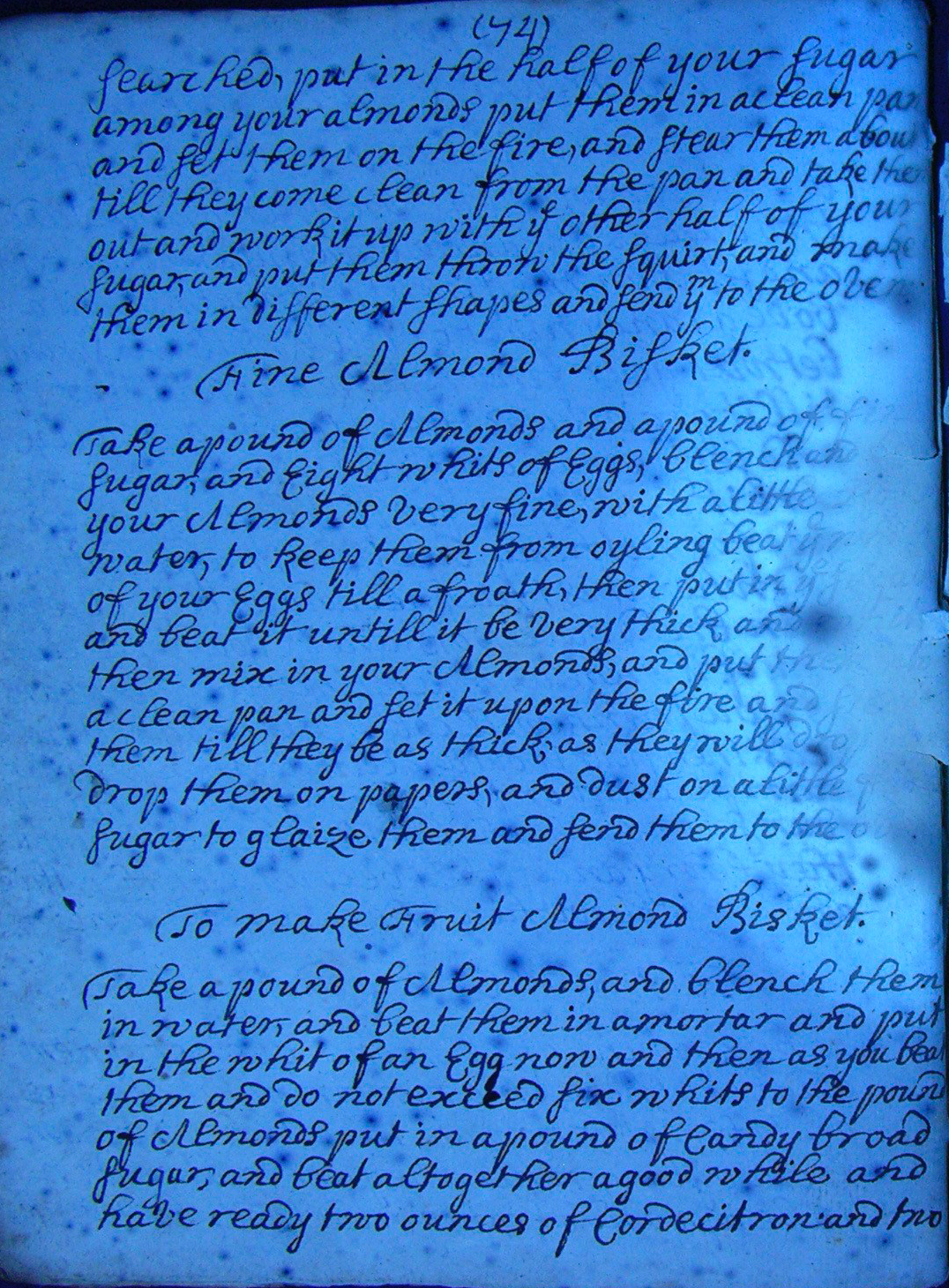 18th century recipe book from the Papers of the Lindsay Family of Dowhill. When this item came to National Records of Scotland it showed severe damage caused by a large stain in the middle of the book. It has since been conserved and photographed with UV light to help reveal some of the damaged text. Read more about how it was repaired in 'A Lovely Gift'. (National Records of Scotland, GD254/781)