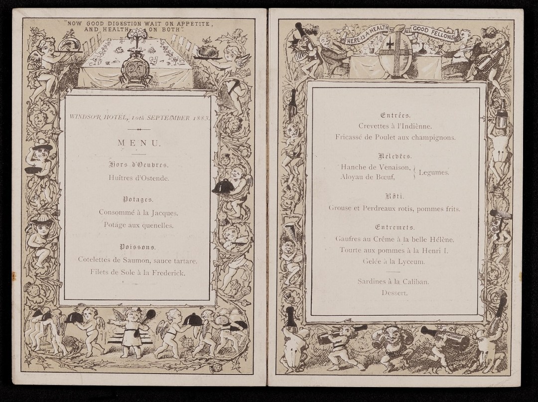 A menu card for a supper hosted in commemoration of the opening of the Royal Lyceum Theatre, Edinburgh, 10 September 1883 (National Records of Scotland, GD1/585/27).