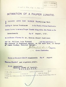 asylum intimation of a pauper lunatic