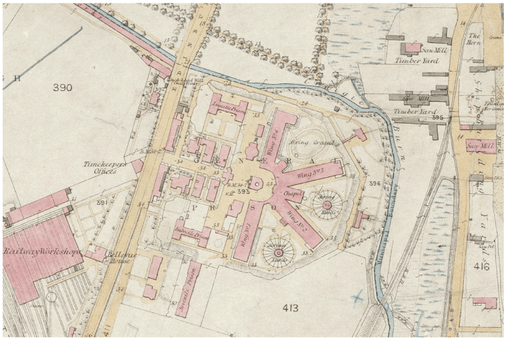 Ordnance Survey plan showing Perth Prison, marked to show the site of the Female Lunatic Prison Wing. 19th century. 