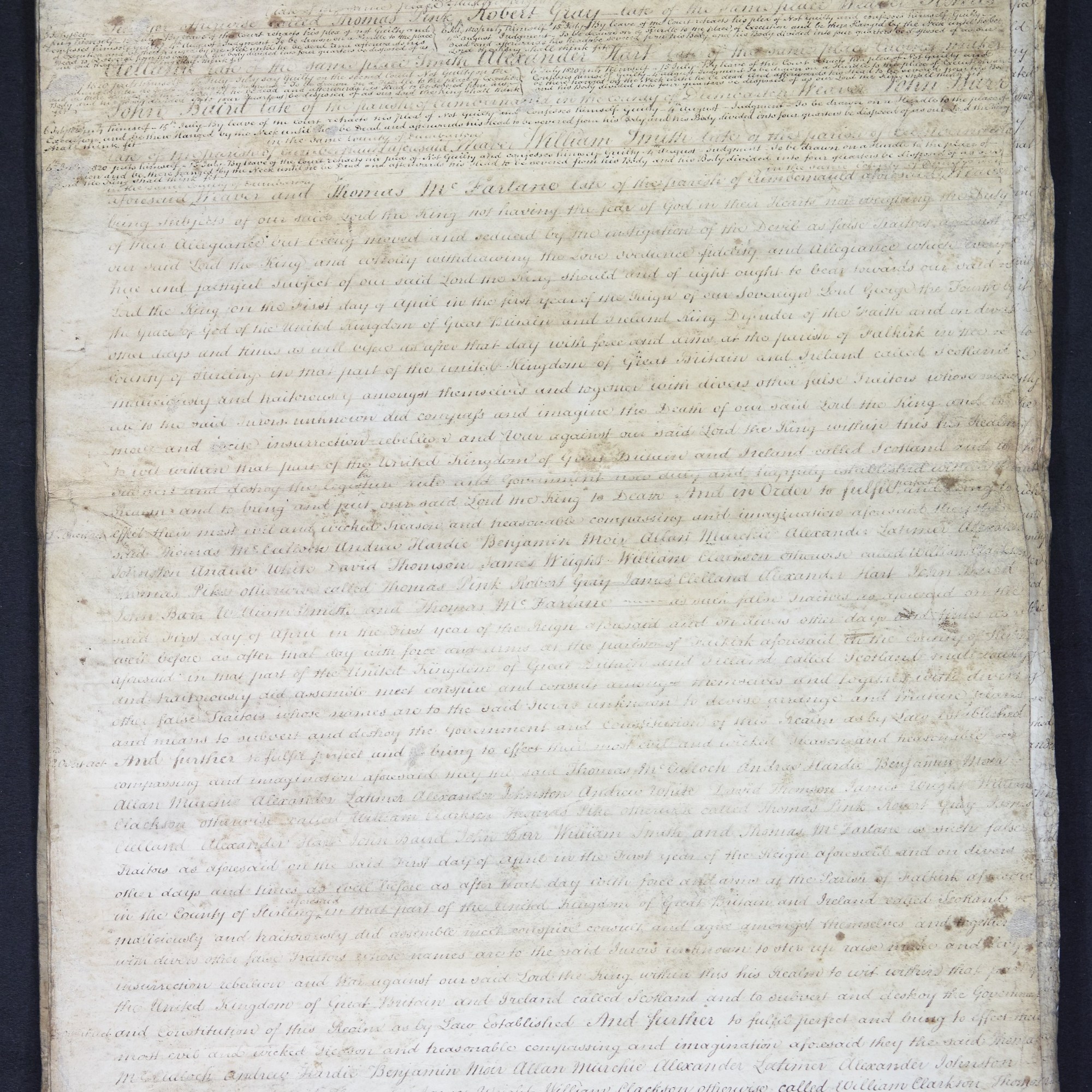 Treason trials for the County of Stirling, the Bonnymuir case. True bills brought against 18 men. National Records of Scotland, Crown copyright, JC21/2/1 p1