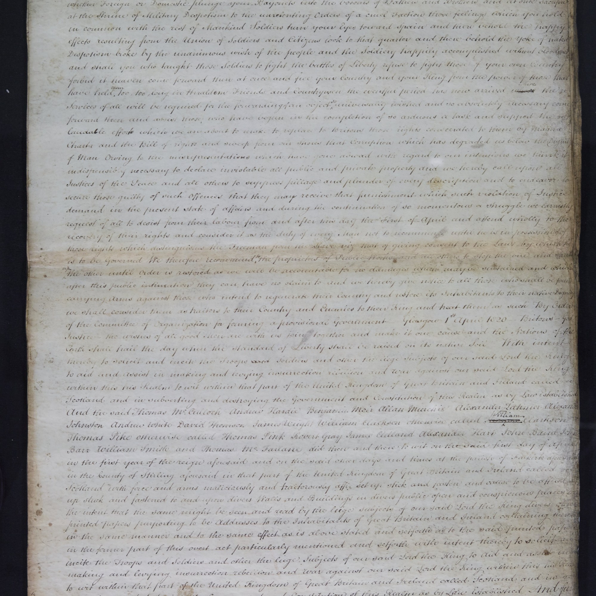 Treason trials for the County of Stirling, the Bonnymuir case. True bills brought against 18 men. National Records of Scotland, Crown copyright, JC21/2/1 p2