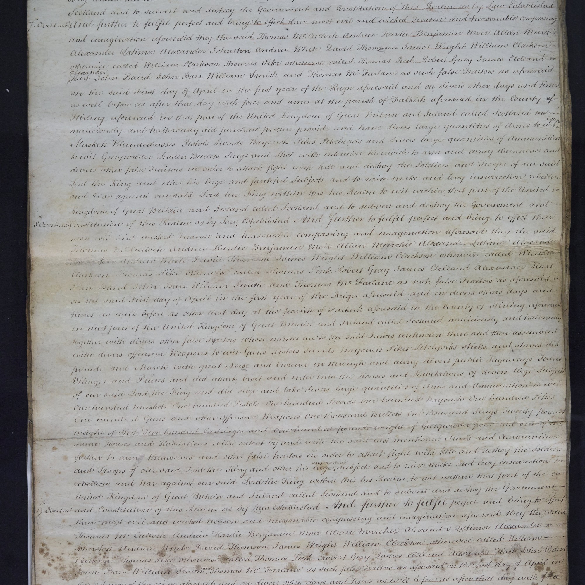 Treason trials for the County of Stirling, the Bonnymuir case. True bills brought against 18 men. National Records of Scotland, Crown copyright, JC21/2/1 p4
