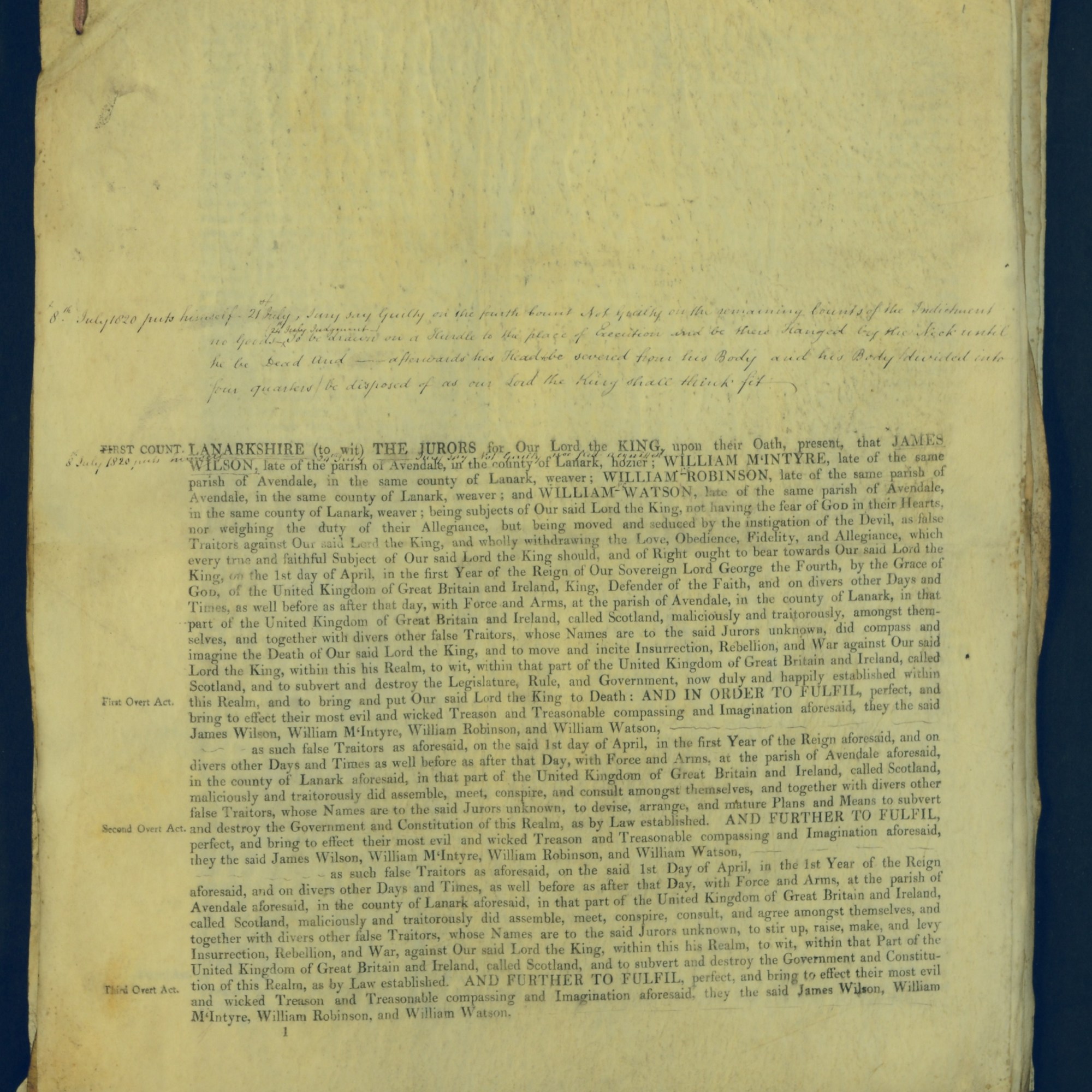 Treason Trials for the County of Lanark, the Strathaven Case. True bills found against four men, James Wilson, William McIntyre, William Robinson and William Watson. National Records of Scotland, Crown copyright, JC21/3/4 p1