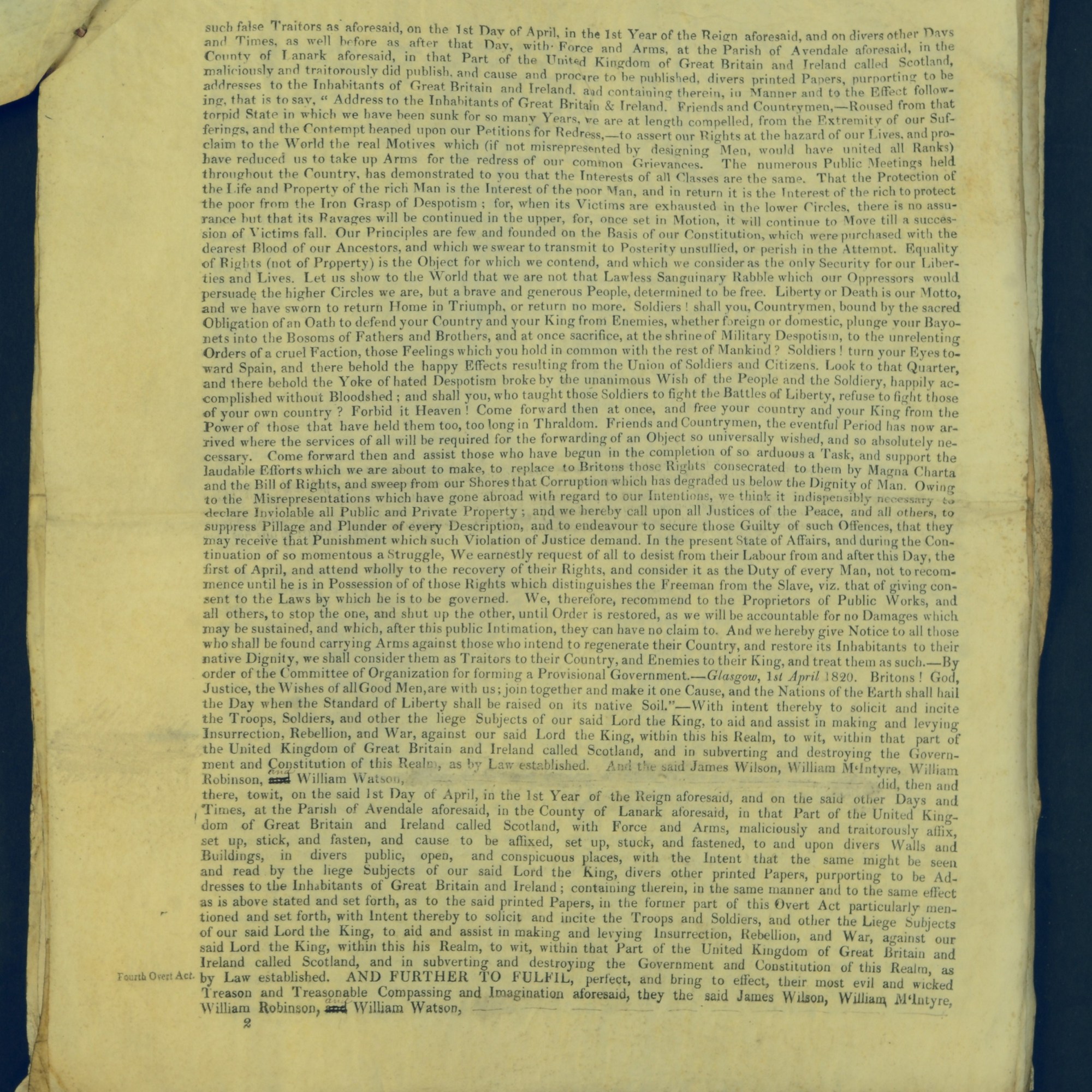Treason Trials for the County of Lanark, the Strathaven Case. True bills found against four men, James Wilson, William McIntyre, William Robinson and William Watson. National Records of Scotland, Crown copyright, JC21/3/4 p2