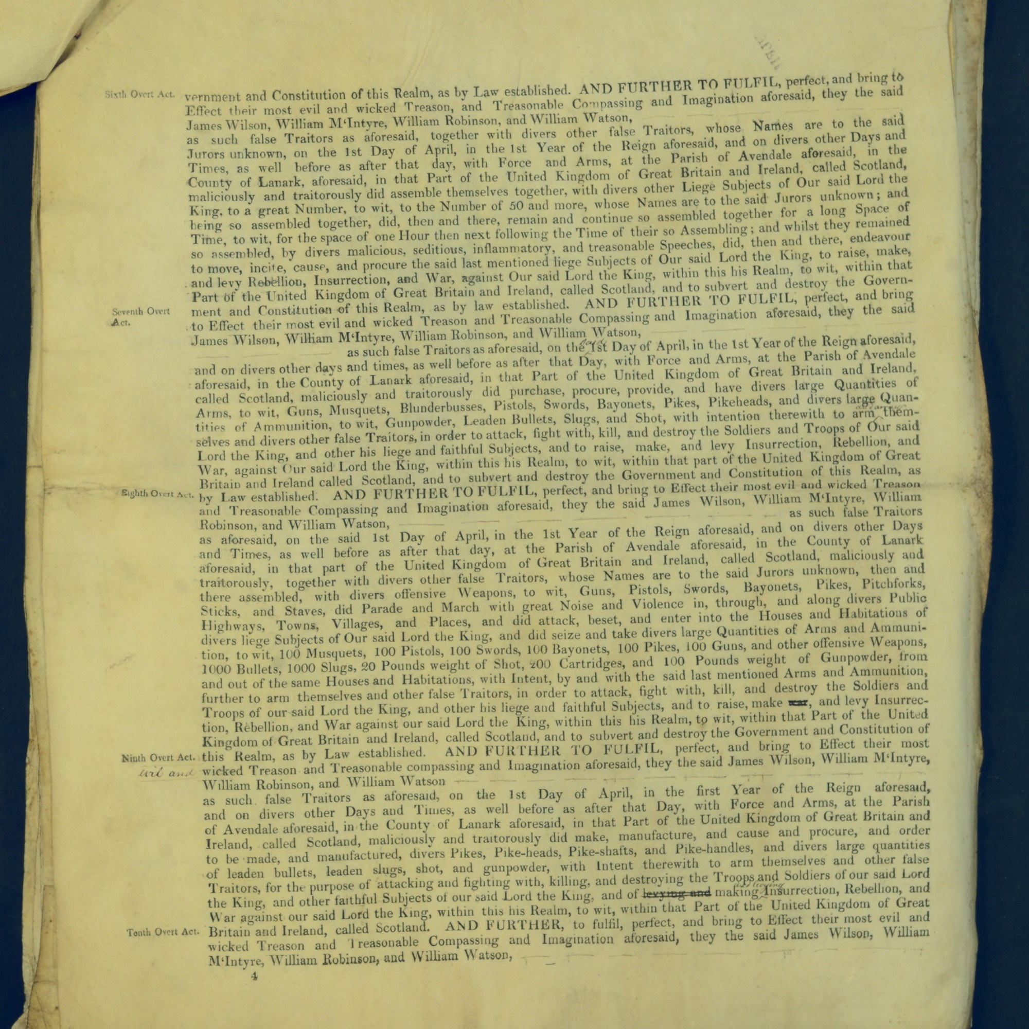 Treason Trials for the County of Lanark, the Strathaven Case. True bills found against four men, James Wilson, William McIntyre, William Robinson and William Watson. National Records of Scotland, Crown copyright, JC21/3/4 p4