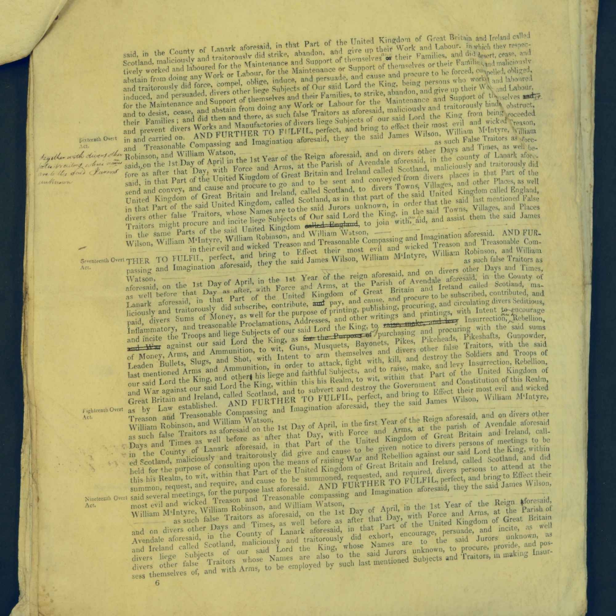 Treason Trials for the County of Lanark, the Strathaven Case. True bills found against four men, James Wilson, William McIntyre, William Robinson and William Watson. National Records of Scotland, Crown copyright, JC21/3/4 p6