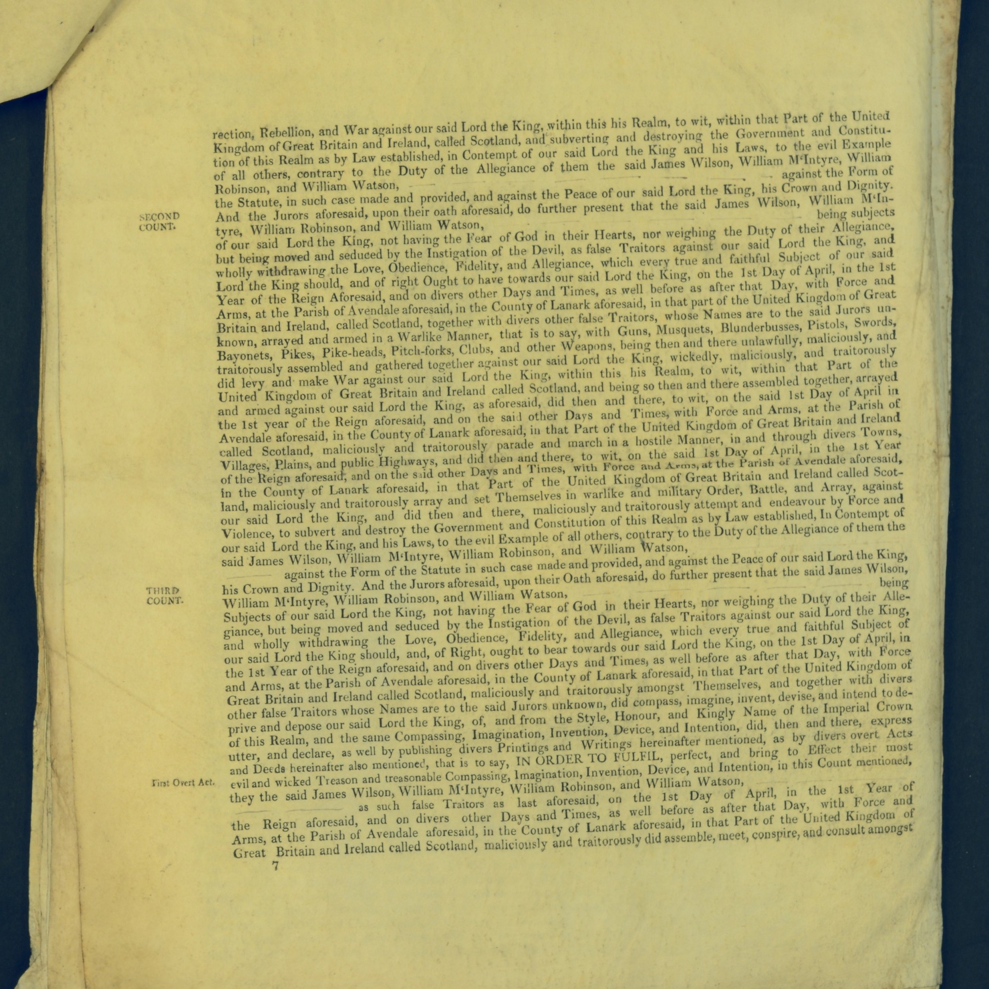 Treason Trials for the County of Lanark, the Strathaven Case. True bills found against four men, James Wilson, William McIntyre, William Robinson and William Watson. National Records of Scotland, Crown copyright, JC21/3/4 p7
