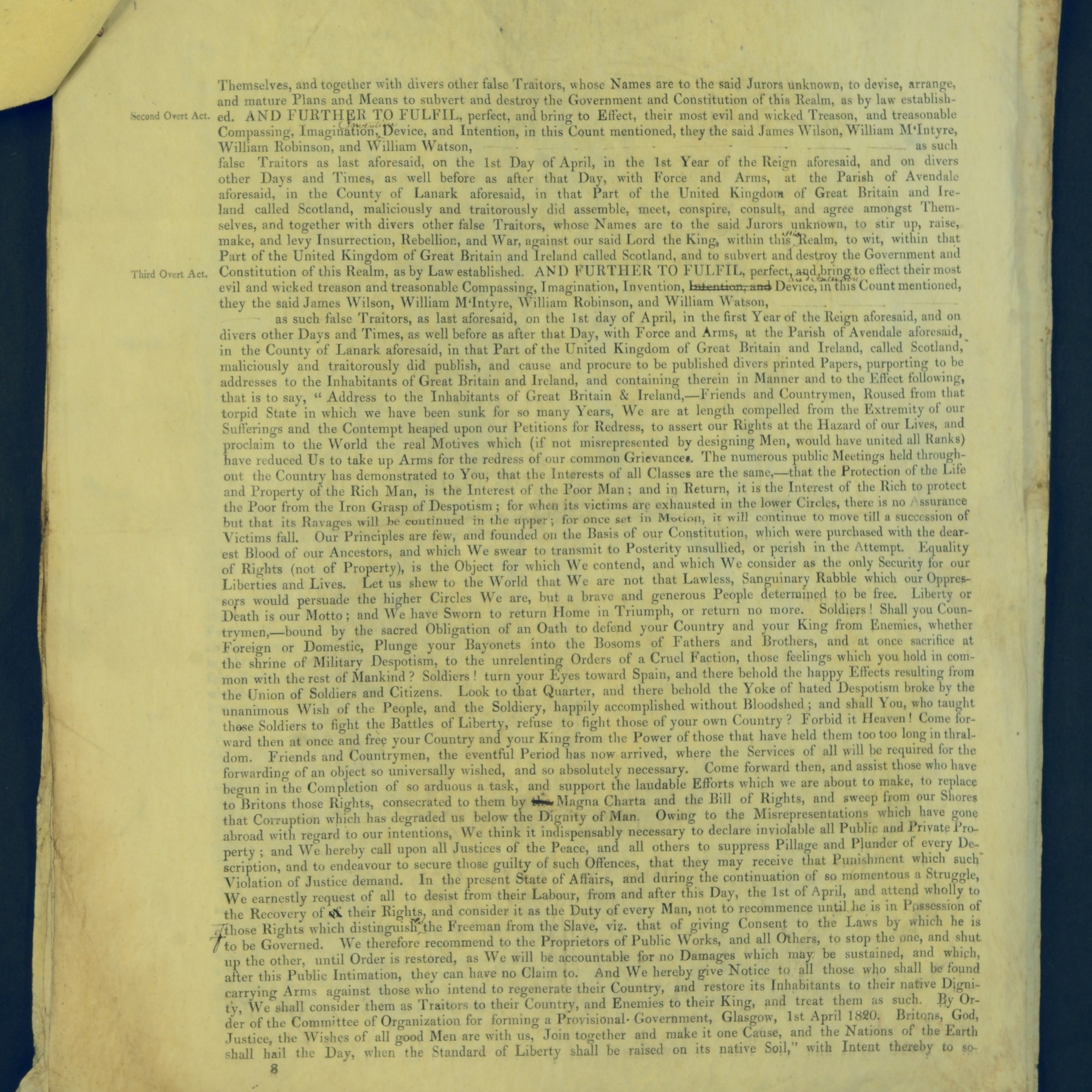 Treason Trials for the County of Lanark, the Strathaven Case. True bills found against four men, James Wilson, William McIntyre, William Robinson and William Watson. National Records of Scotland, Crown copyright, JC21/3/4 p8