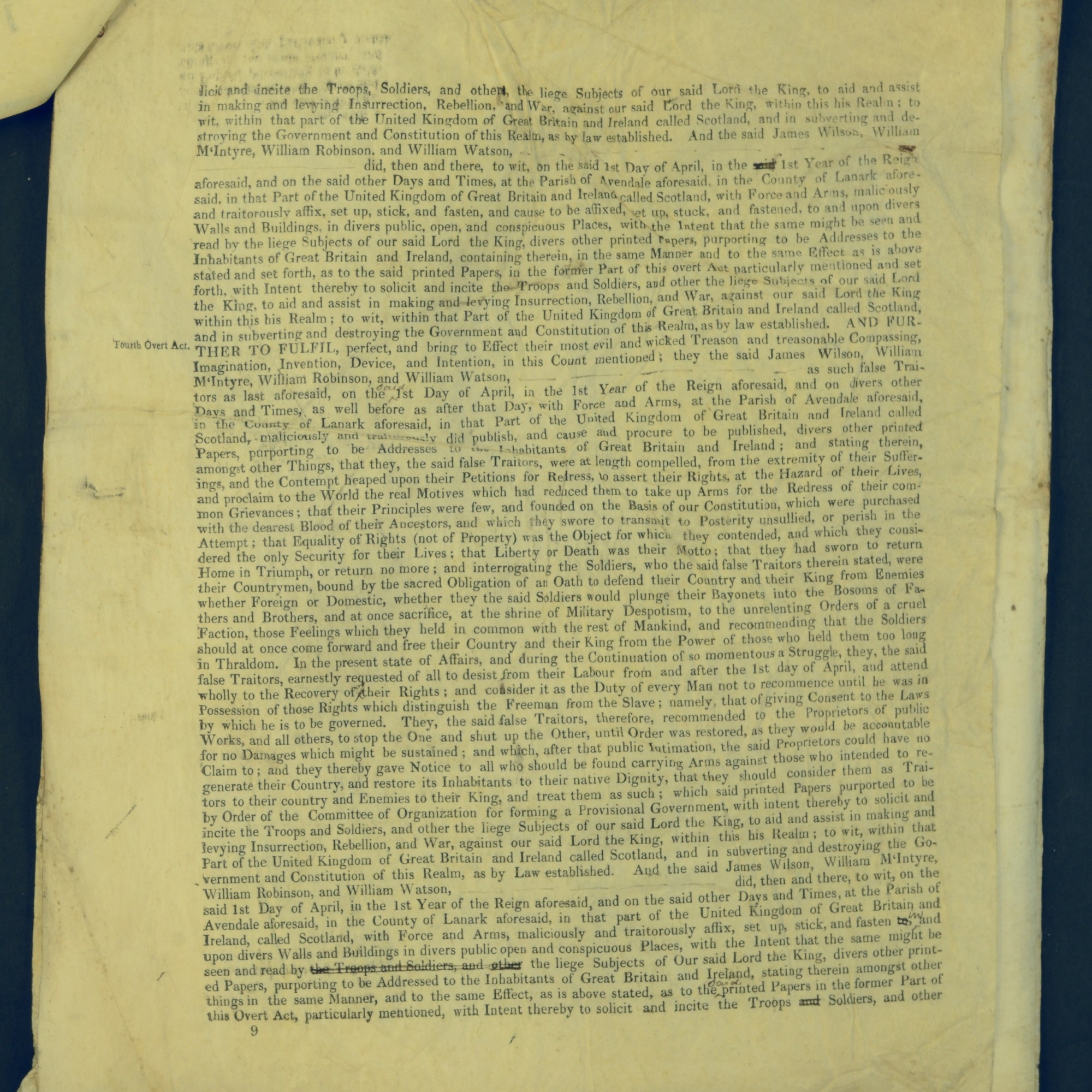 Treason Trials for the County of Lanark, the Strathaven Case. True bills found against four men, James Wilson, William McIntyre, William Robinson and William Watson. National Records of Scotland, Crown copyright, JC21/3/4 p9