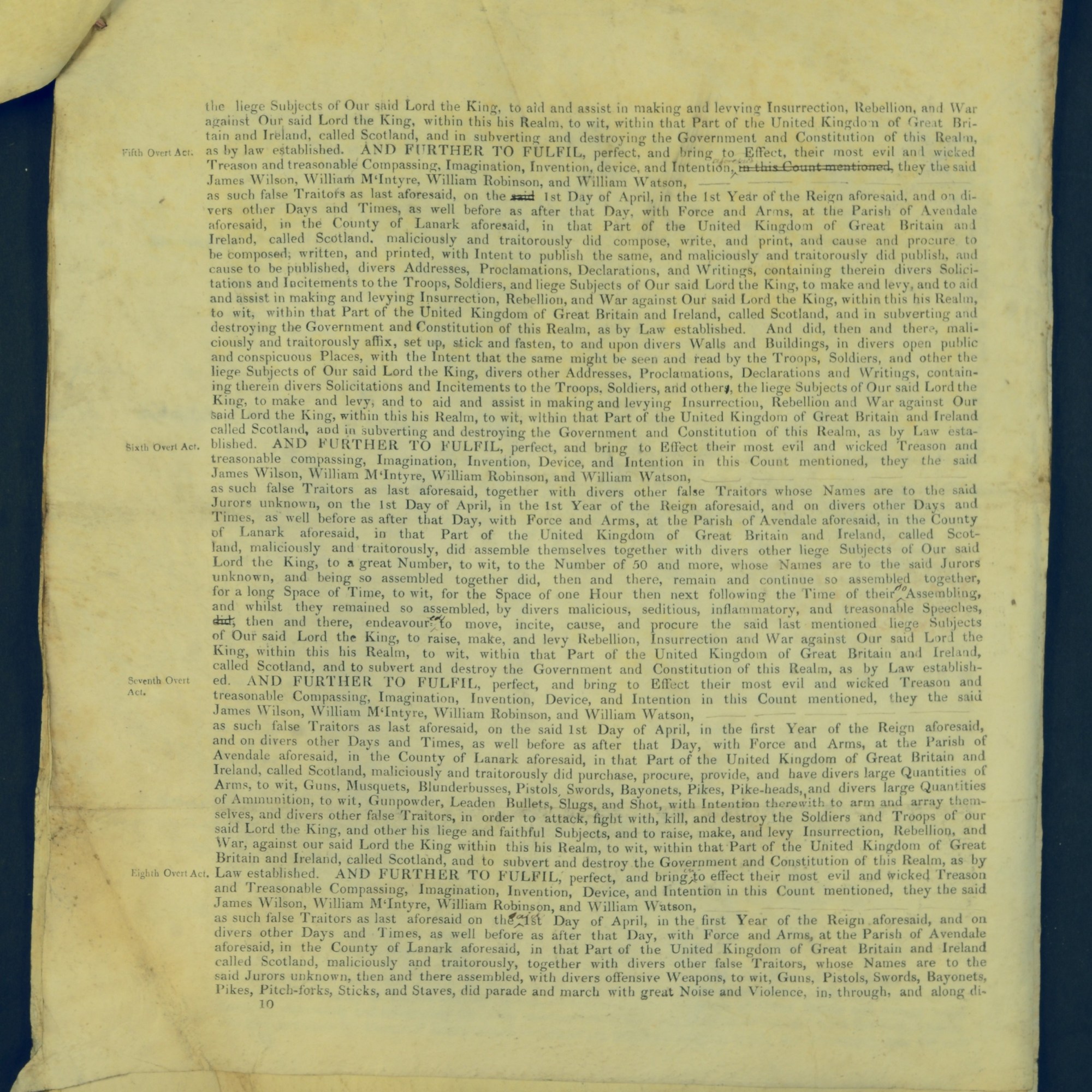 Treason Trials for the County of Lanark, the Strathaven Case. True bills found against four men, James Wilson, William McIntyre, William Robinson and William Watson. National Records of Scotland, Crown copyright, JC21/3/4 p10