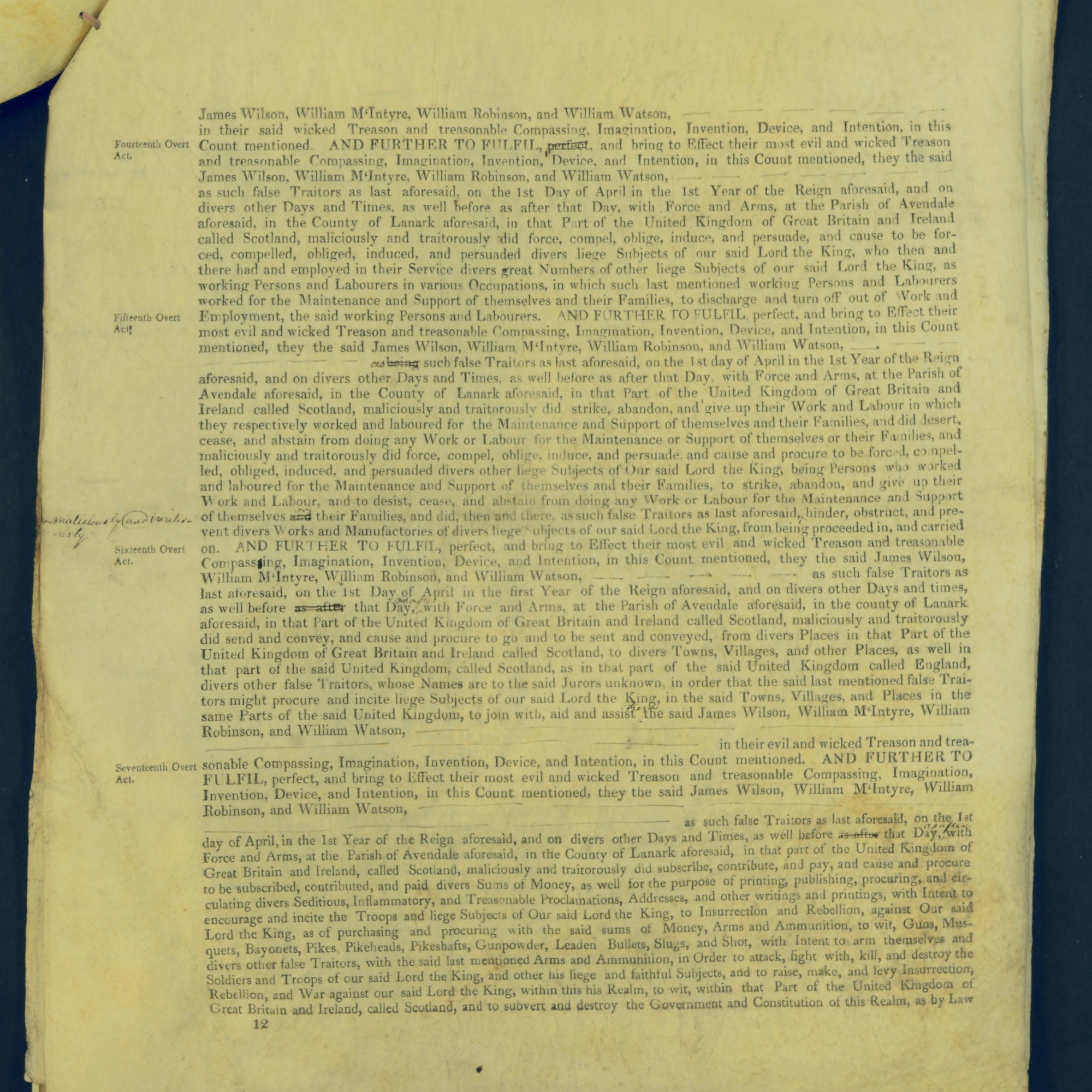 Treason Trials for the County of Lanark, the Strathaven Case. True bills found against four men, James Wilson, William McIntyre, William Robinson and William Watson. National Records of Scotland, Crown copyright, JC21/3/4 p12