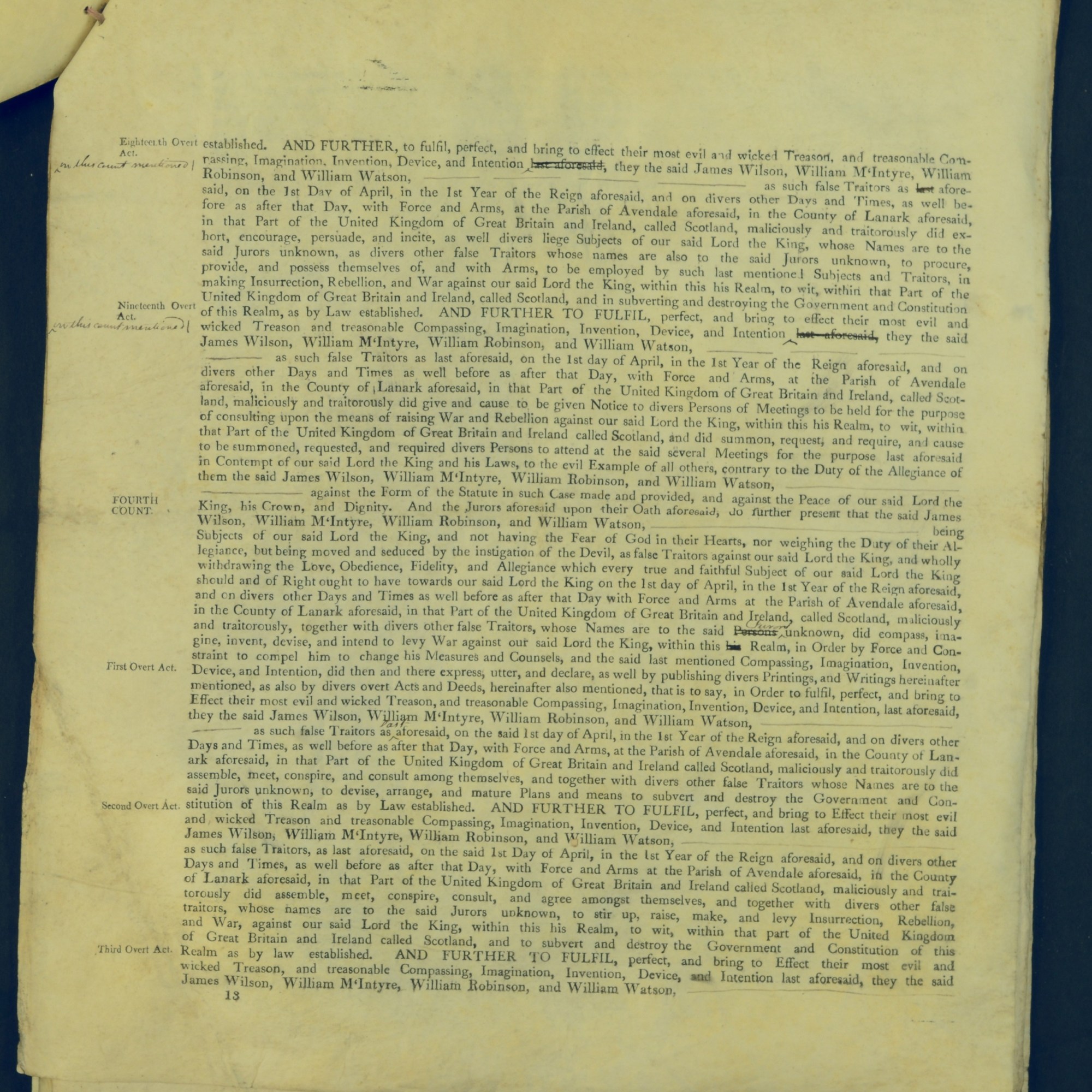 Treason Trials for the County of Lanark, the Strathaven Case. True bills found against four men, James Wilson, William McIntyre, William Robinson and William Watson. National Records of Scotland, Crown copyright, JC21/3/4 p13