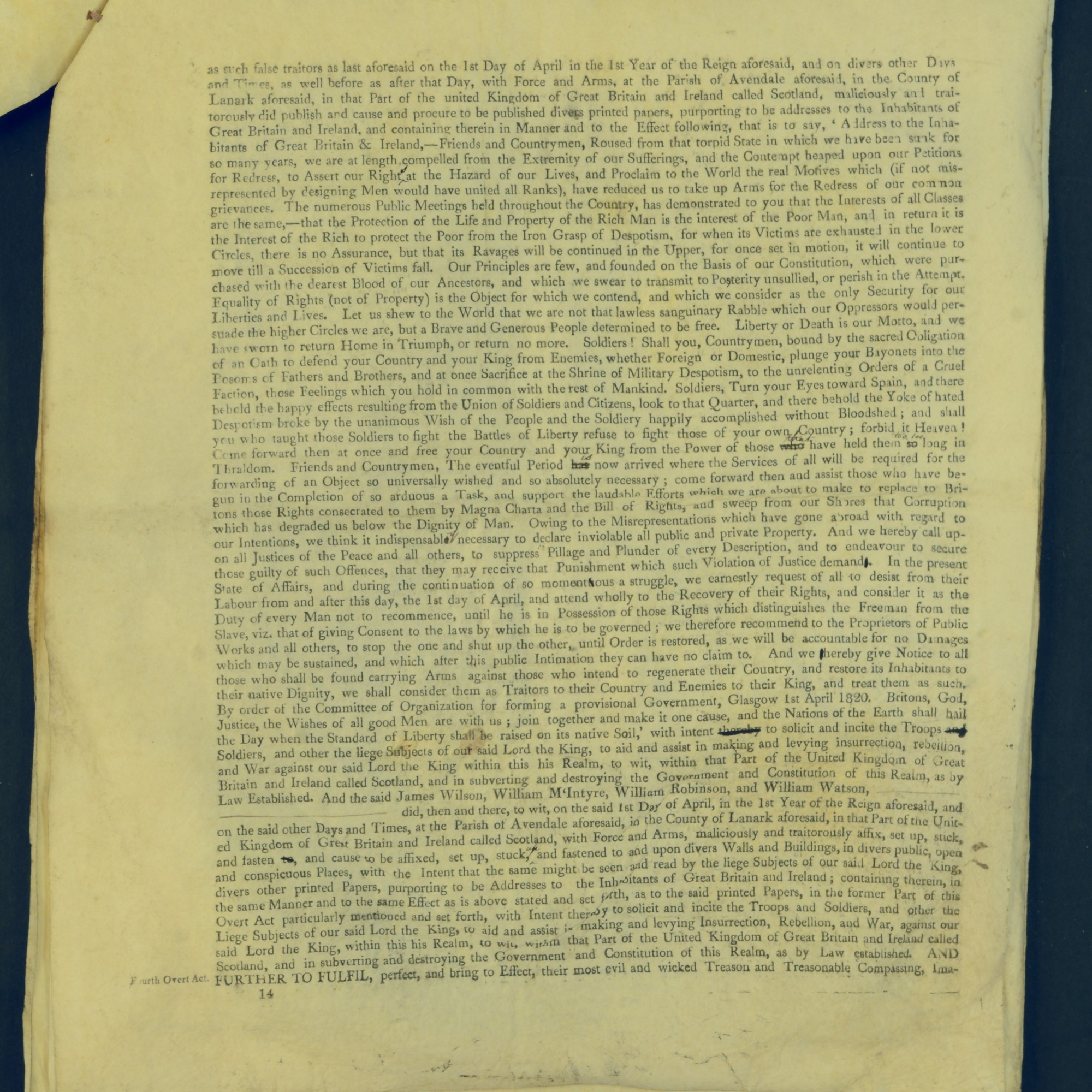 Treason Trials for the County of Lanark, the Strathaven Case. True bills found against four men, James Wilson, William McIntyre, William Robinson and William Watson. National Records of Scotland, Crown copyright, JC21/3/4 p14