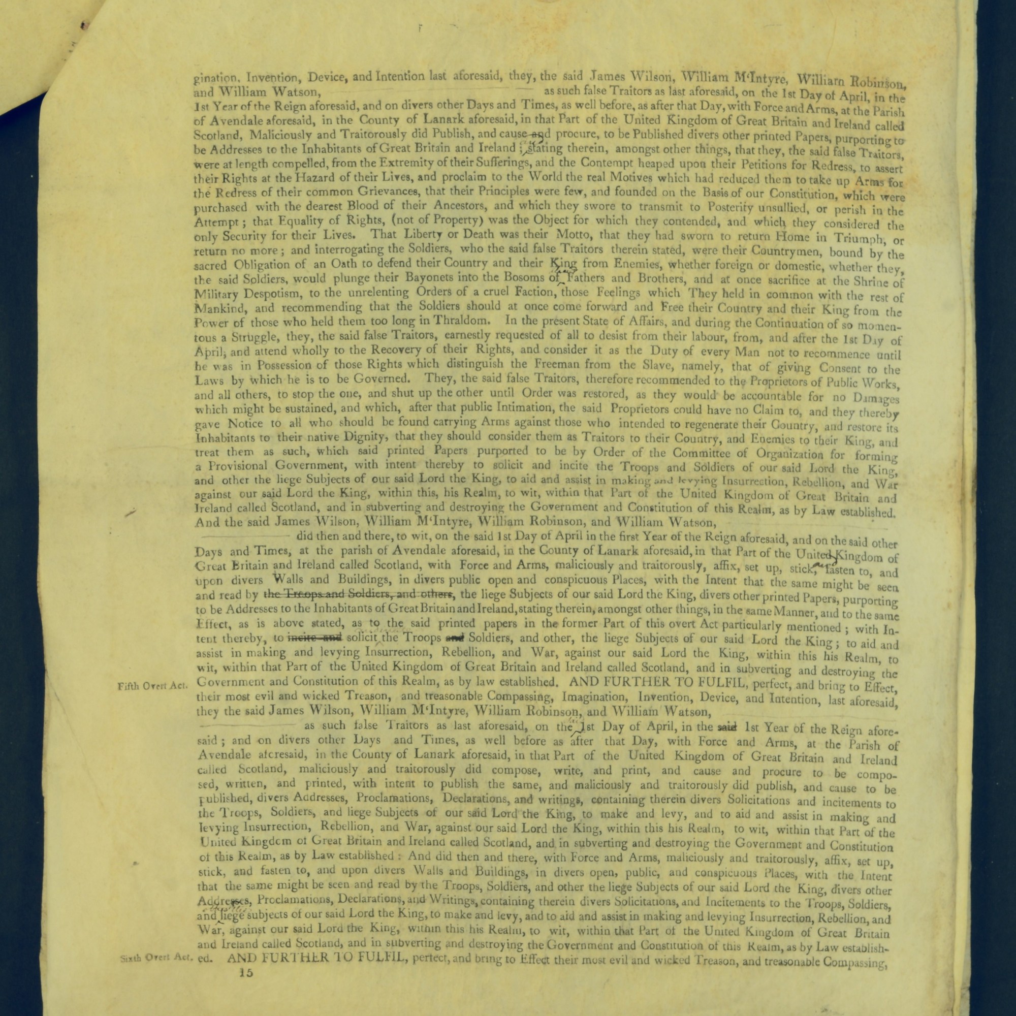 Treason Trials for the County of Lanark, the Strathaven Case. True bills found against four men, James Wilson, William McIntyre, William Robinson and William Watson. National Records of Scotland, Crown copyright, JC21/3/4 p15