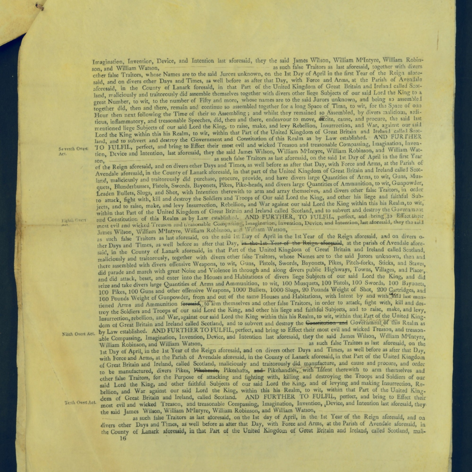 Treason Trials for the County of Lanark, the Strathaven Case. True bills found against four men, James Wilson, William McIntyre, William Robinson and William Watson. National Records of Scotland, Crown copyright, JC21/3/4 p16