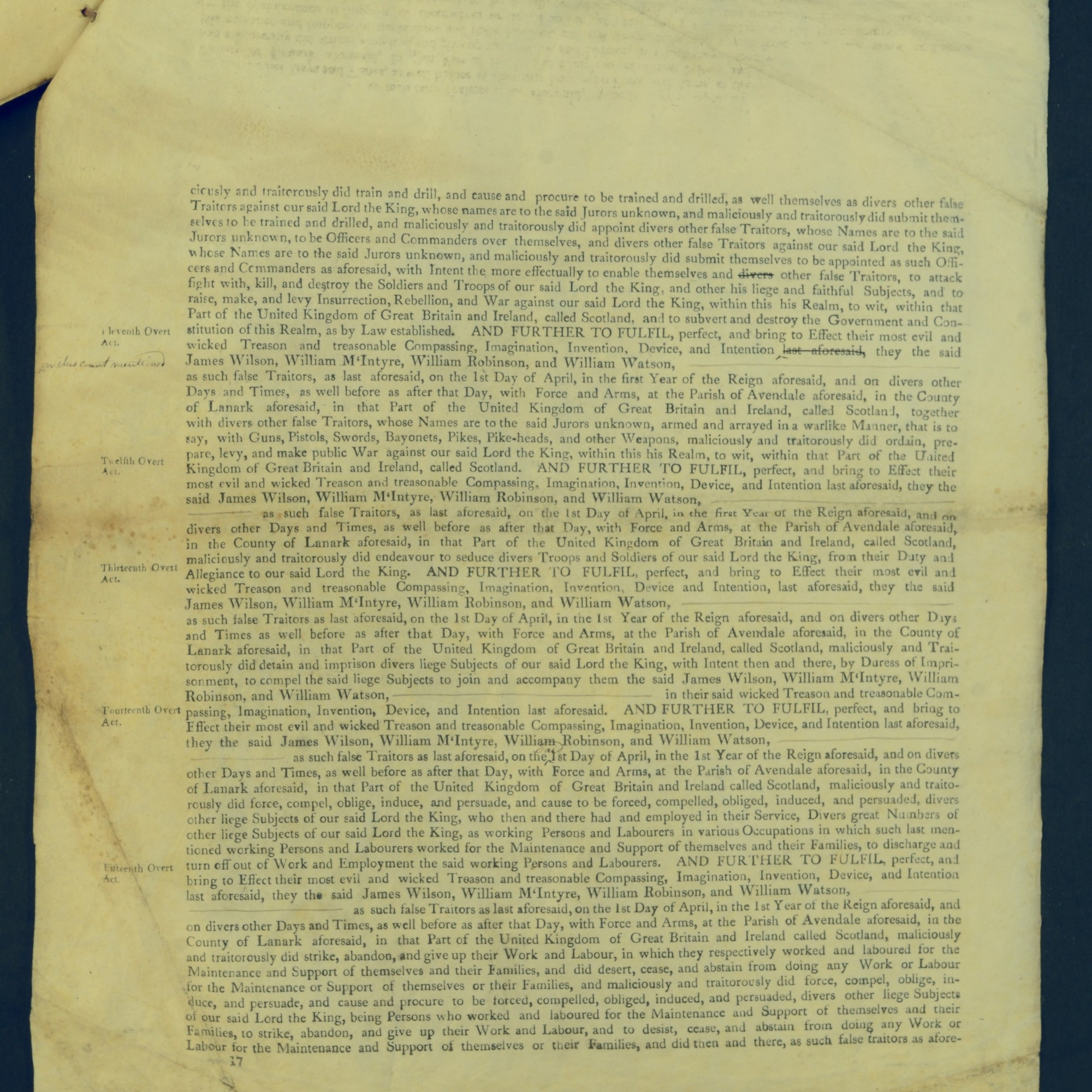 Treason Trials for the County of Lanark, the Strathaven Case. True bills found against four men, James Wilson, William McIntyre, William Robinson and William Watson. National Records of Scotland, Crown copyright, JC21/3/4 p17