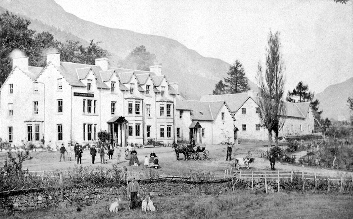 Lochearnhead hotel with staff in gardens, 1860