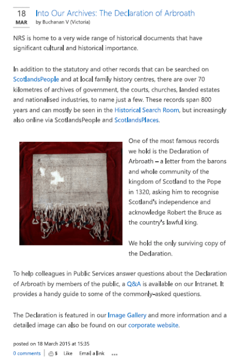 A news item from the NRS intranet in March 2015, focusing on the Declaration of Arbroath.