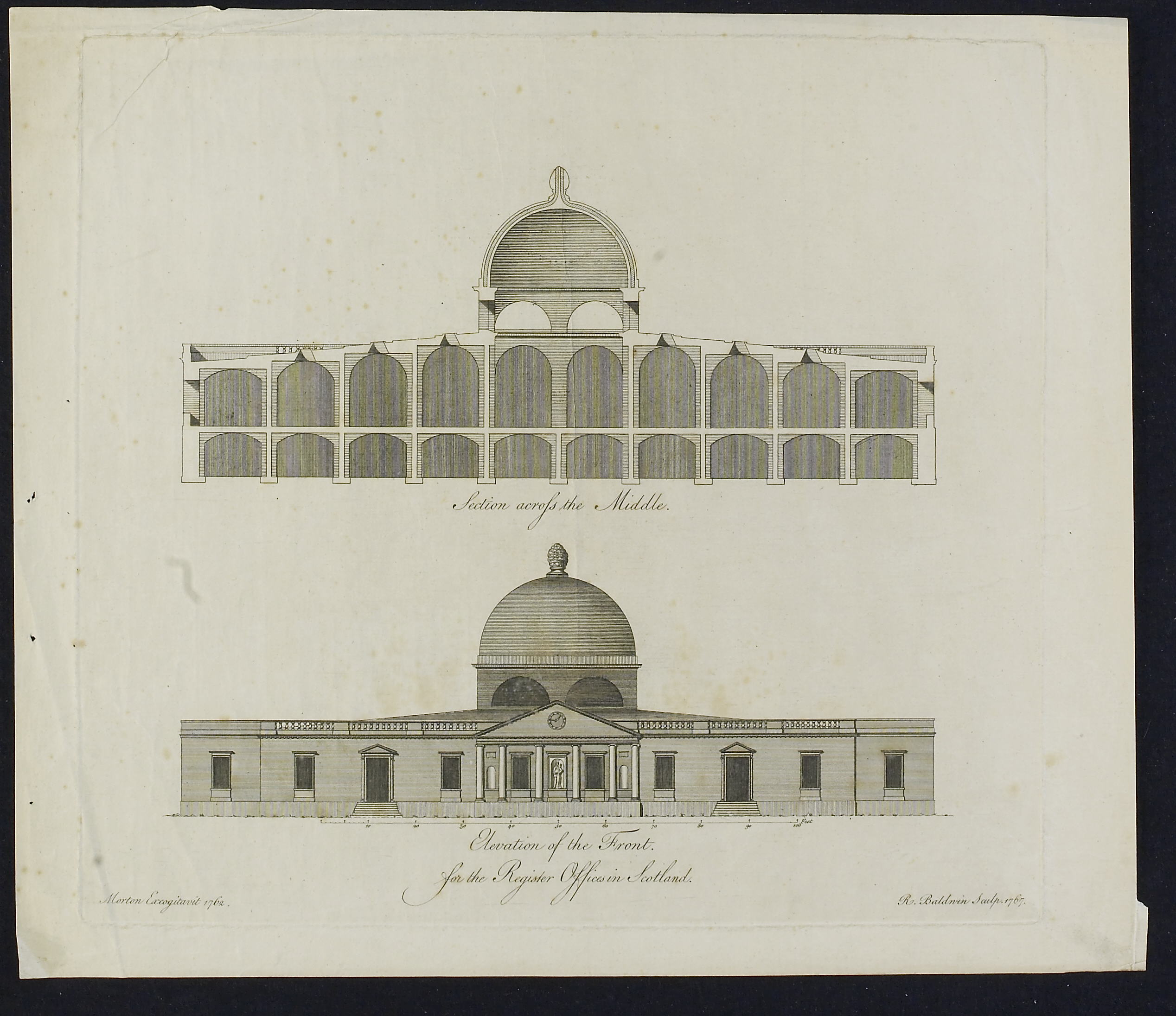 Elevation and section of Morton-Baldwin design for Register offices. Hand drawn design for a single storey building with prominent central dome