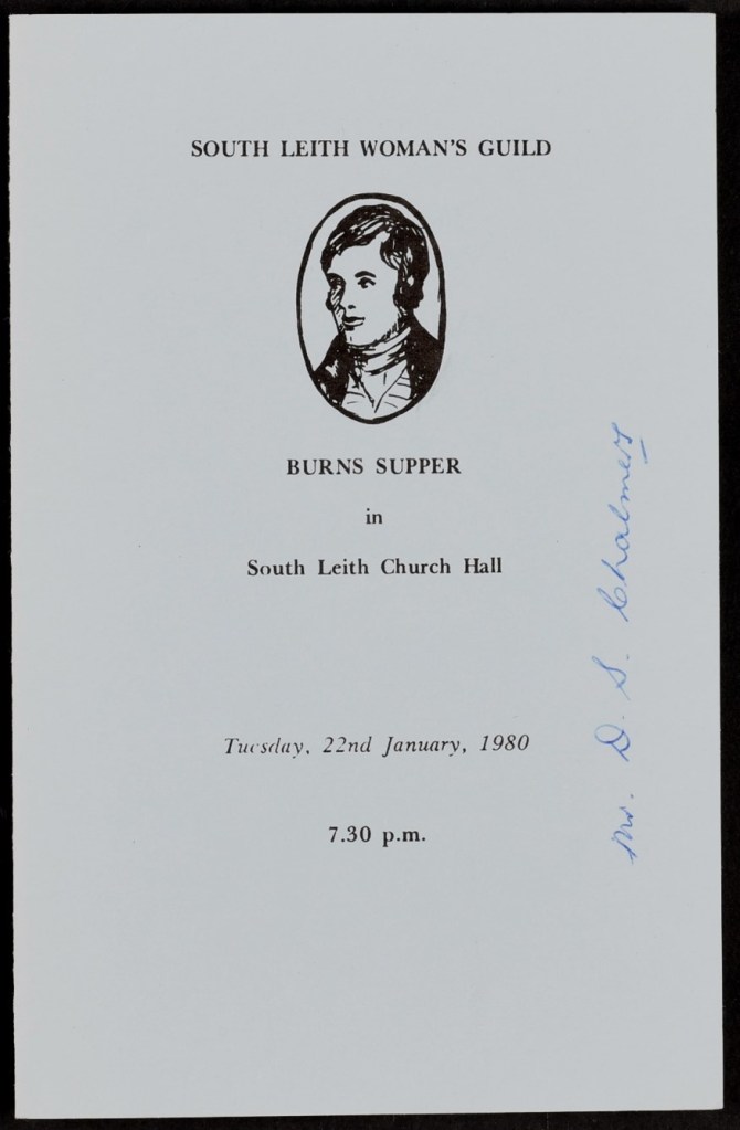 South Leith Women’s Guild Burns Super menu card, 1980. NRS, CH2/716/423 (reproduced with kind permission from the Church of Scotland)