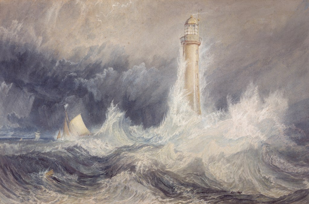 A turbulent sea with large waves crashing around a lighthouse, under a stormy sky with dark clouds. A small sailboat is seen navigating through the rough waters.