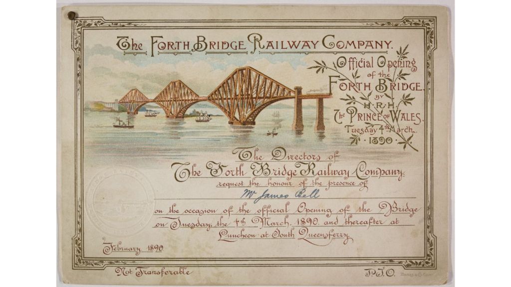 A historical invitation certificate for the official opening of the Forth Bridge on March 4, 1890, featuring an illustration of the bridge and surrounding water, with decorative border and text.