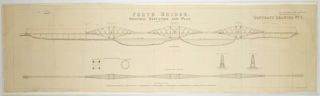 Architectural drawing of the Forth Bridge featuring general elevations and plans, including detailed views of the bridge structure and supporting towers.