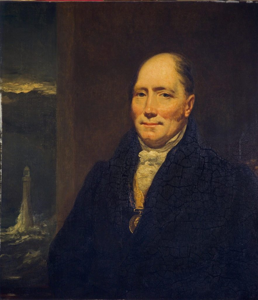 A portrait of a middle-aged man with a slight smile, wearing a dark coat and a white cravat, set against a backdrop featuring a lighthouse and turbulent sea.